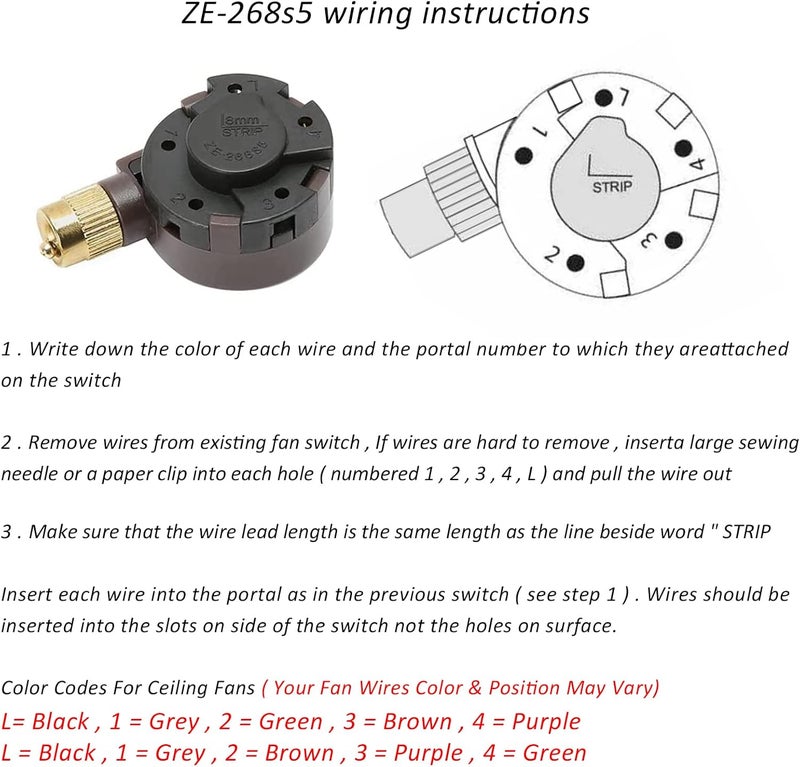 Bsentster Ceiling Fan Switch Zing Ear ZE-268S5, 4 Speed 5 Wire Switch Ceiling Fan Light Replacement Speed Control, Compatible with Hunter Ceiling Fan(Brass Pull Chain) - Image 3